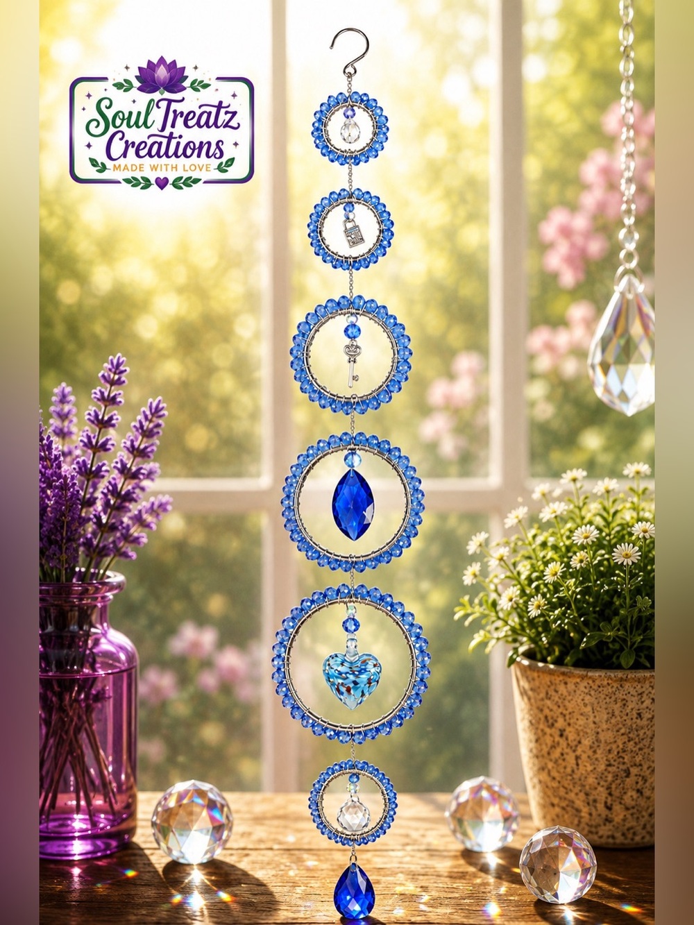 Blue Lock & Key Glass Heart Crystal Beaded Sun Catcher